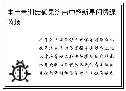 本土青训结硕果济南中超新星闪耀绿茵场
